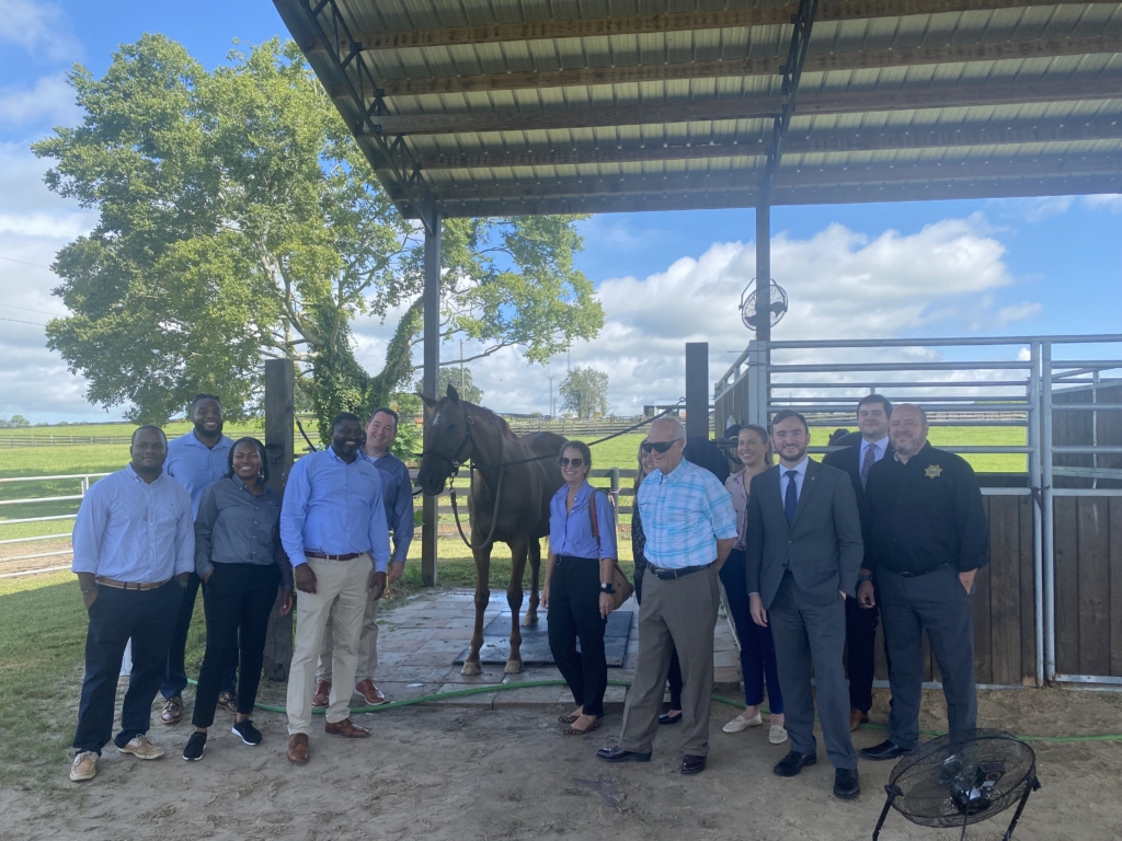 YOI Staff, Florida DJJ Staff, and Senators Baxley and Bradley standing next to retired thoroughbred horse Hemingway at Ocala Youth Academy's Equine Therapy Program. 